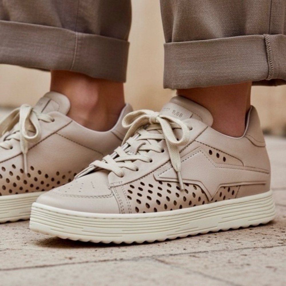 A.S.98 Adrian Platform Italian Leather Perforated Sneakers in Dust/Blanco